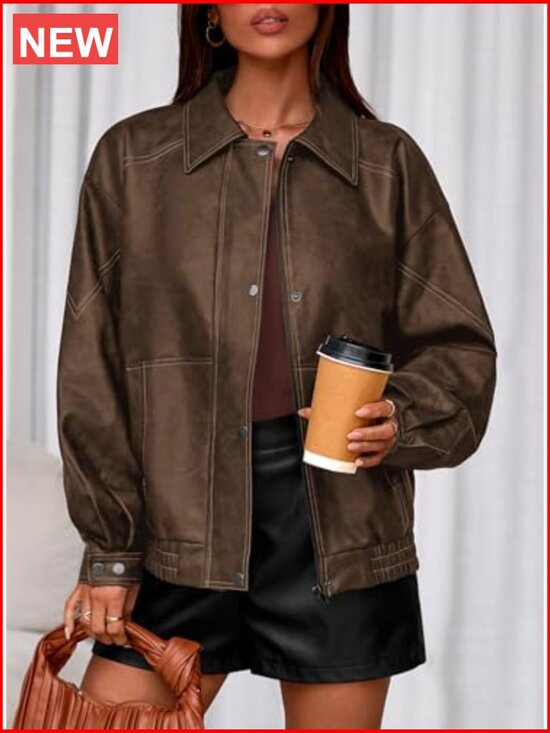 Faux Leather Jacket Women Bomber Motorcycle Zip Up Oversized - Picture 5 of 7